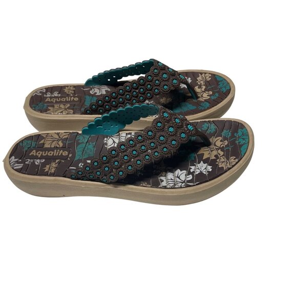 Womens Size 6 Flip Flops -Brown & Teal Aqualite Flip With Floral Print Embellish - Picture 3 of 6